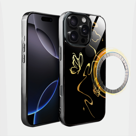 Etui do iPhone 16 Pro Max, Elite Glass z MagSafe, szklany tył, Golden Midnight, Efekt motyla, czarne (3)