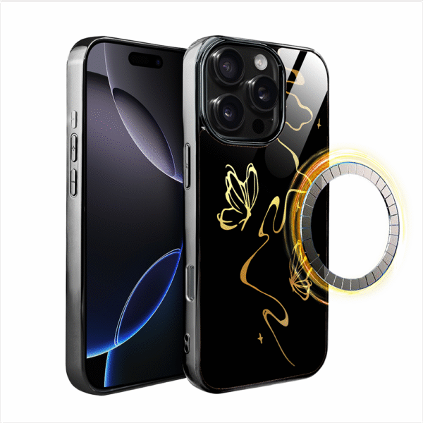 Etui do iPhone 16 Pro, Elite Glass z MagSafe, szklany tył, Golden Midnight, Efekt motyla, czarne