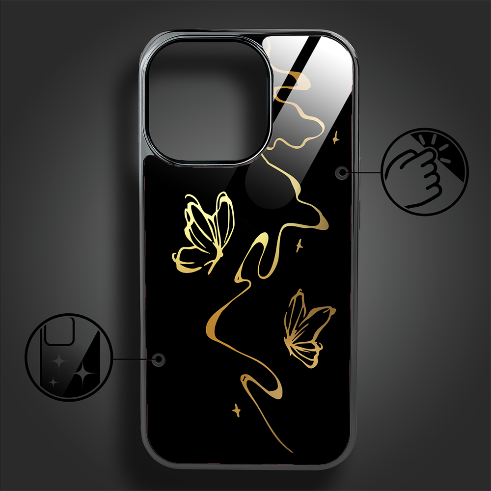 Etui do iPhone 16 Pro Max, Elite Glass z MagSafe, szklany tył, Golden Midnight, Efekt motyla, czarne (4)