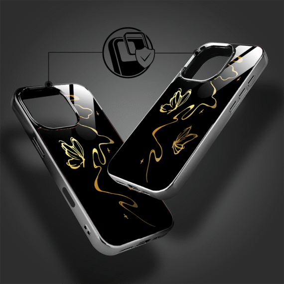 Etui do iPhone 16 Pro Max, Elite Glass z MagSafe, szklany tył, Golden Midnight, Efekt motyla, czarne (6)