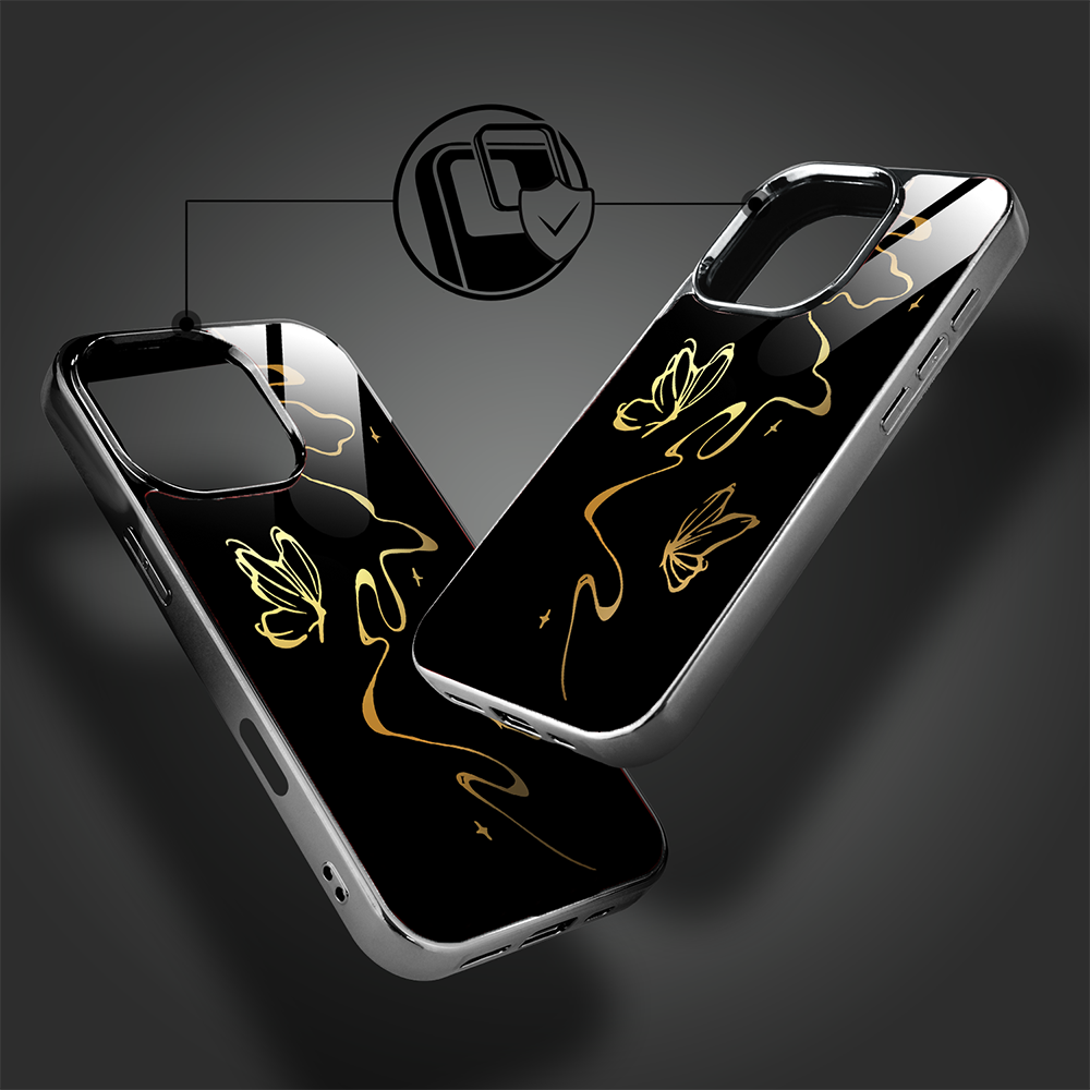 Etui do iPhone 16 Pro Max, Elite Glass z MagSafe, szklany tył, Golden Midnight, Efekt motyla, czarne (6)