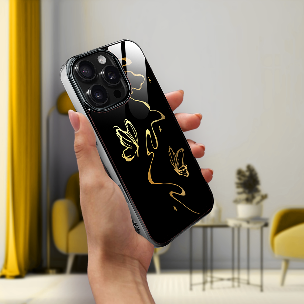 Etui do iPhone 16 Pro Max, Elite Glass z MagSafe, szklany tył, Golden Midnight, Efekt motyla, czarne (7)