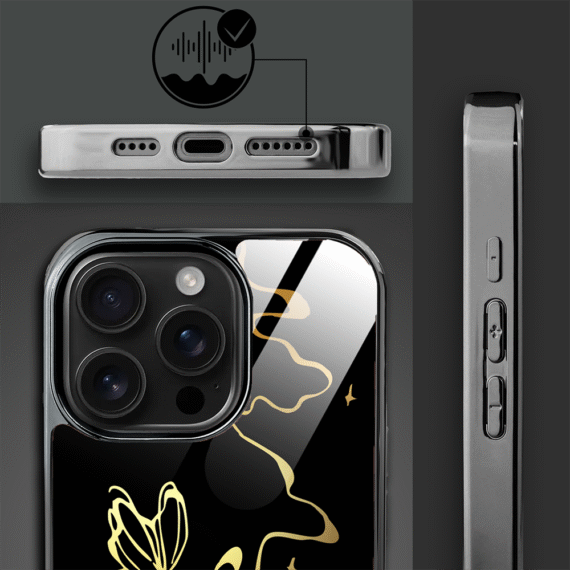 Etui do iPhone 16 Pro Max, Elite Glass z MagSafe, szklany tył, Golden Midnight, Efekt motyla, czarne (8)