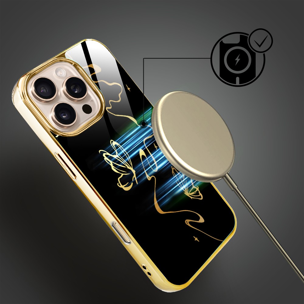 Etui do iPhone 16 Pro Max, Elite Glass z MagSafe, szklany tył, Golden Midnight, Efekt motyla, złote (2)