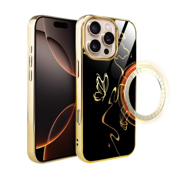 Etui do iPhone 16 Pro Max, Elite Glass z MagSafe, szklany tył, Golden Midnight, Efekt motyla, złote (3)