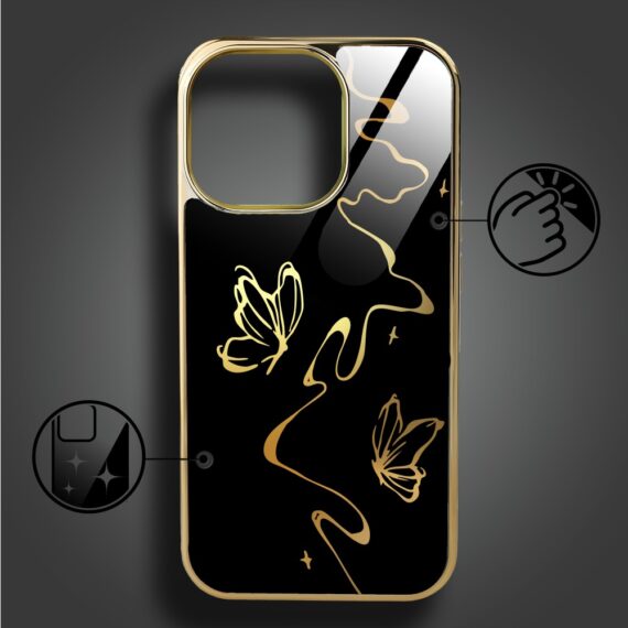 Etui do iPhone 16 Pro Max, Elite Glass z MagSafe, szklany tył, Golden Midnight, Efekt motyla, złote (4)