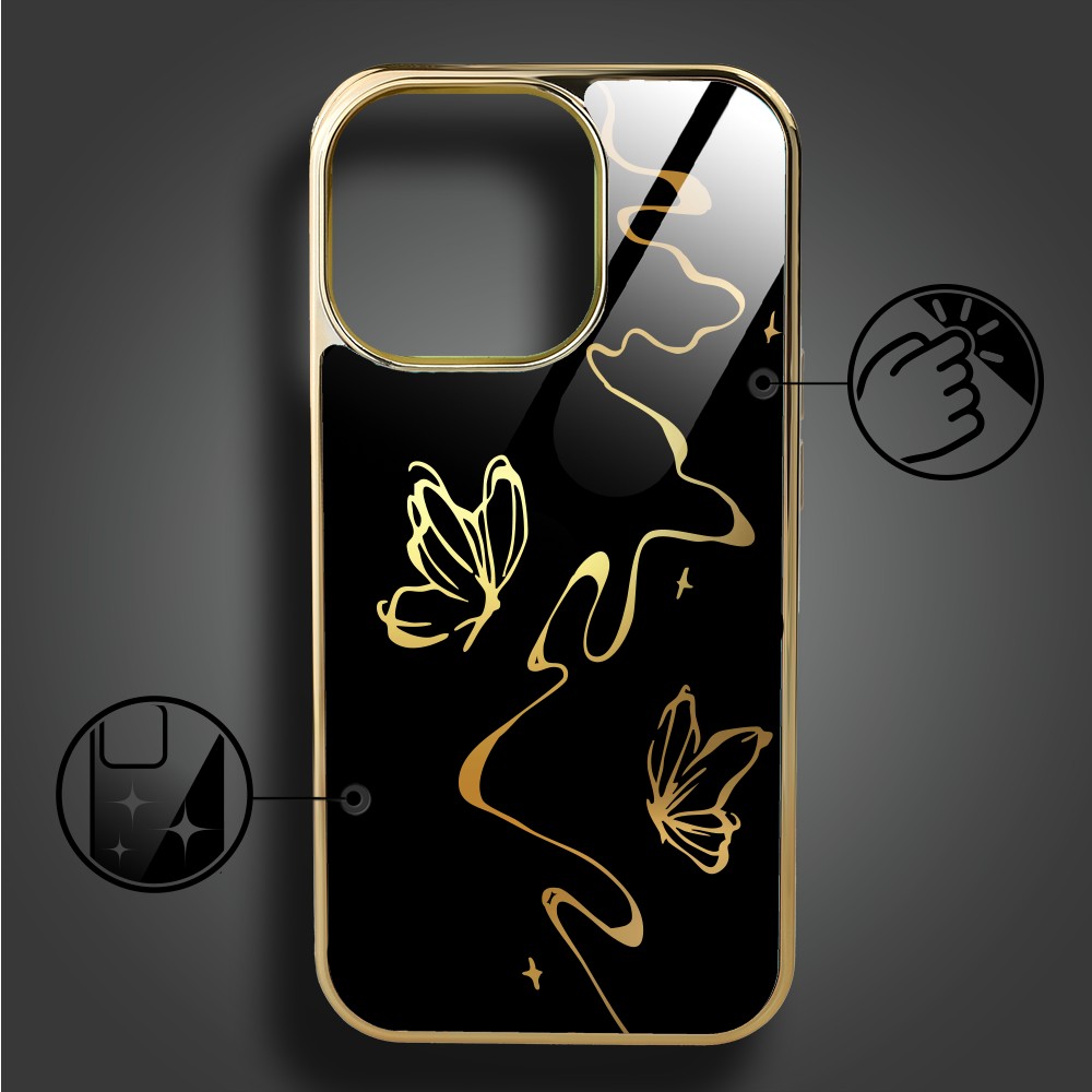 Etui do iPhone 16 Pro Max, Elite Glass z MagSafe, szklany tył, Golden Midnight, Efekt motyla, złote (4)