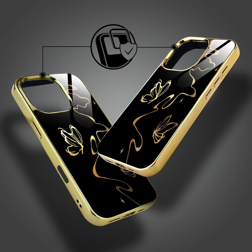 Etui do iPhone 16 Pro Max, Elite Glass z MagSafe, szklany tył, Golden Midnight, Efekt motyla, złote (6)