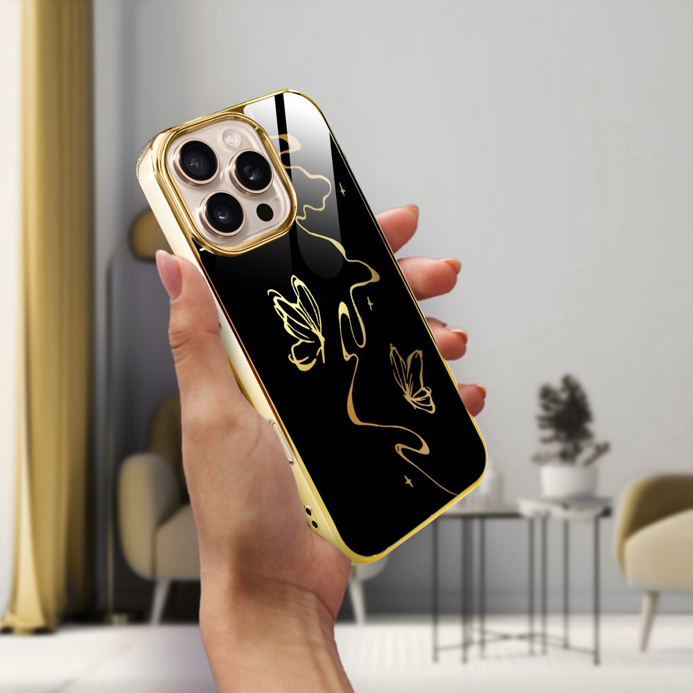 Etui do iPhone 16 Pro Max, Elite Glass z MagSafe, szklany tył, Golden Midnight, Efekt motyla, złote (7)
