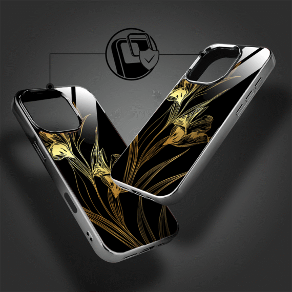 Etui do iPhone 16 Pro Max, Elite Glass z MagSafe, szklany tył, Golden Midnight, Królewskie irysy, czarne (1)