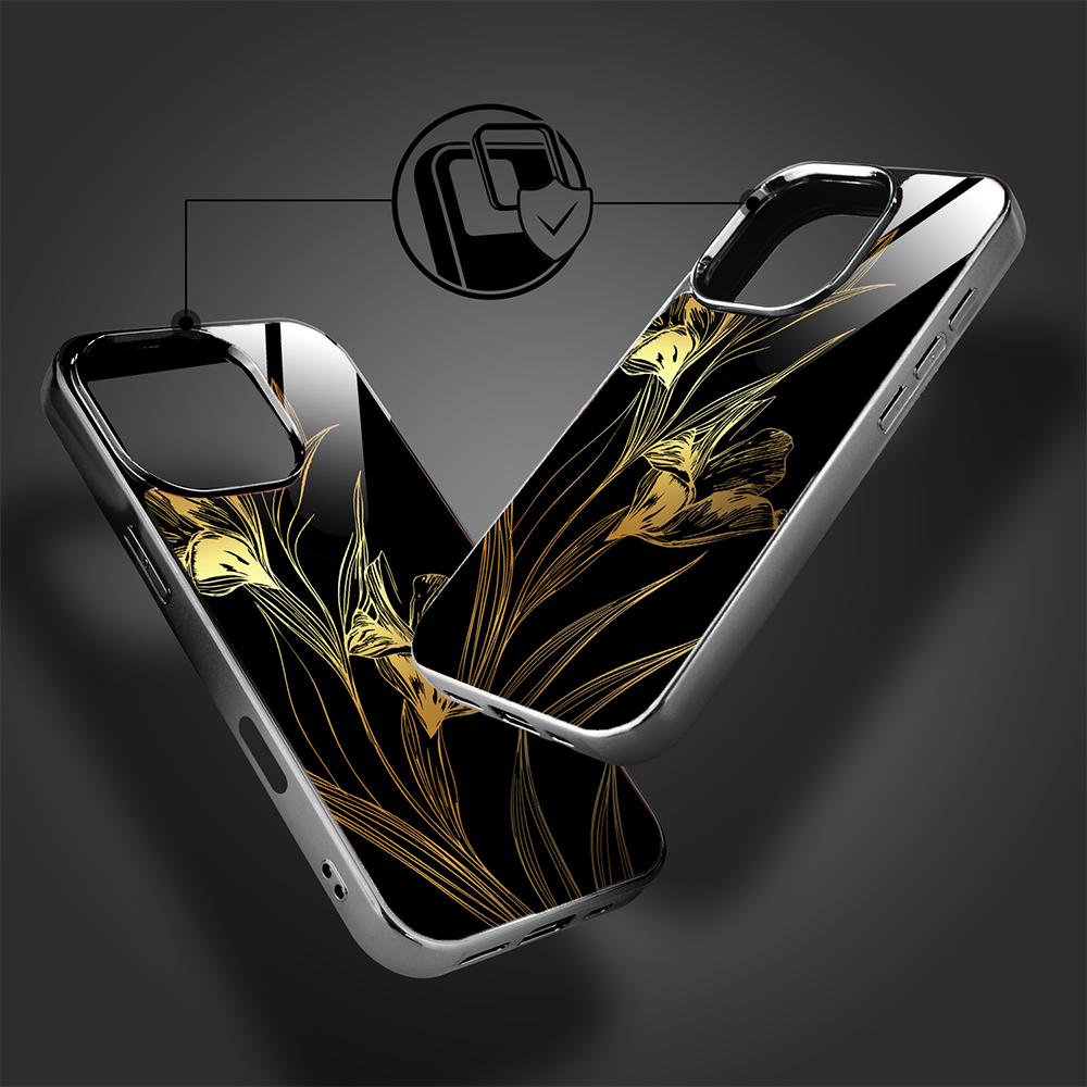 Etui do iPhone 16 Pro Max, Elite Glass z MagSafe, szklany tył, Golden Midnight, Królewskie irysy, czarne (1)