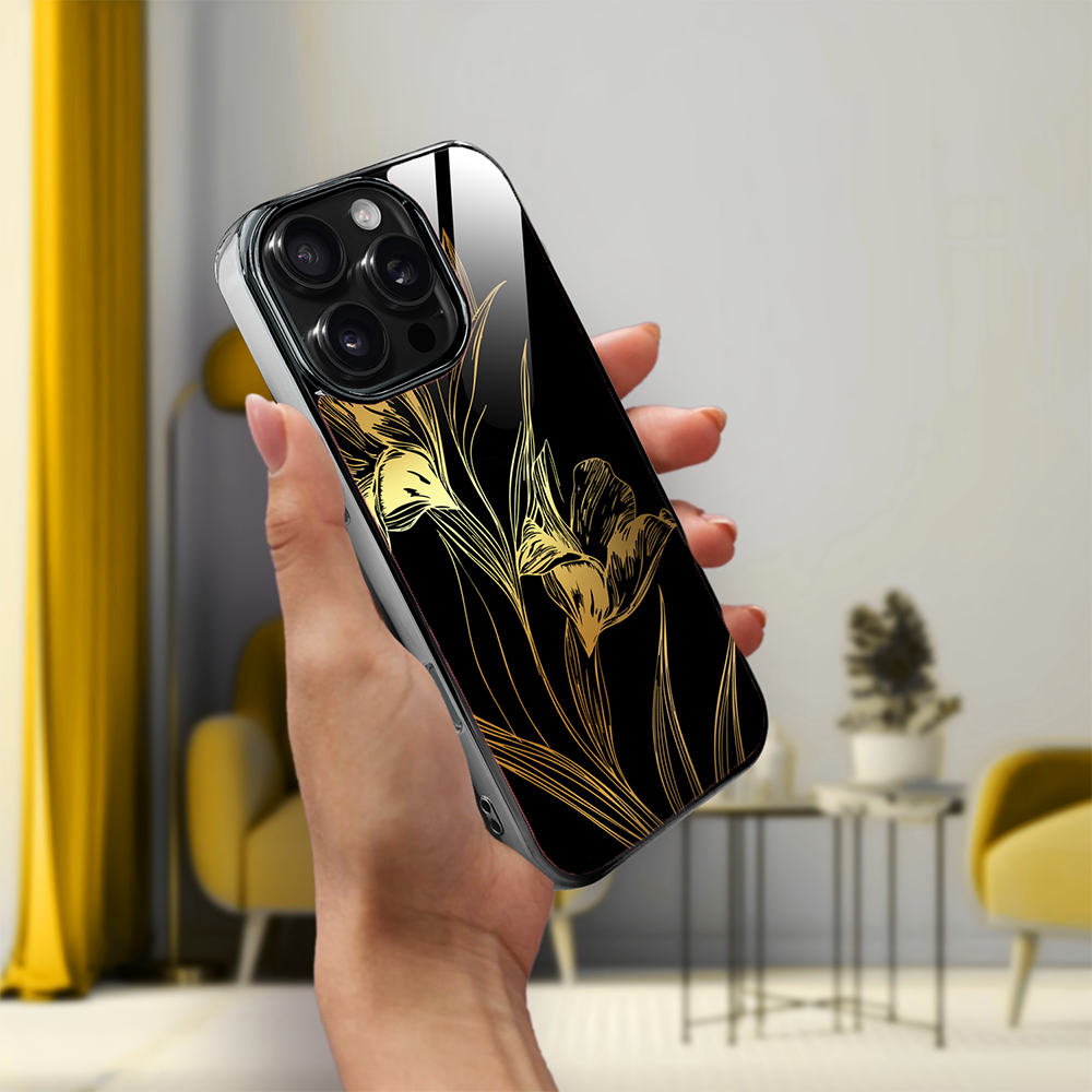 Etui do iPhone 16 Pro Max, Elite Glass z MagSafe, szklany tył, Golden Midnight, Królewskie irysy, czarne (2)