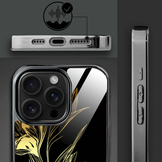 Etui do iPhone 16 Pro Max, Elite Glass z MagSafe, szklany tył, Golden Midnight, Królewskie irysy, czarne (3)