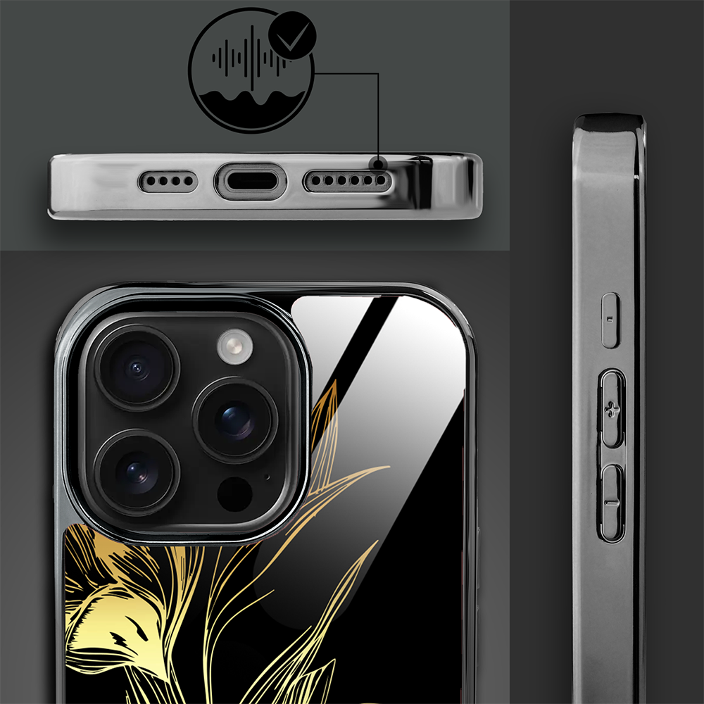 Etui do iPhone 16 Pro Max, Elite Glass z MagSafe, szklany tył, Golden Midnight, Królewskie irysy, czarne (3)