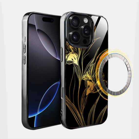 Etui do iPhone 16 Pro Max, Elite Glass z MagSafe, szklany tył, Golden Midnight, Królewskie irysy, czarne (6)