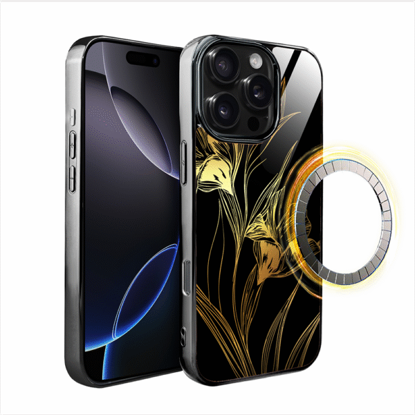 Etui do iPhone 16 Pro, Elite Glass z MagSafe, szklany tył, Golden Midnight, Królewskie irysy, czarne