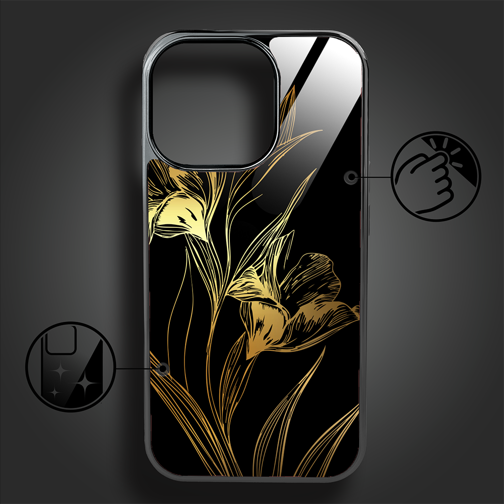 Etui do iPhone 16 Pro Max, Elite Glass z MagSafe, szklany tył, Golden Midnight, Królewskie irysy, czarne (7)