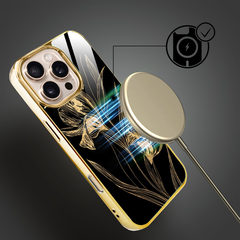 Etui do iPhone 16 Pro Max, Elite Glass z MagSafe, szklany tył, Golden Midnight, Królewskie irysy, złote (2)