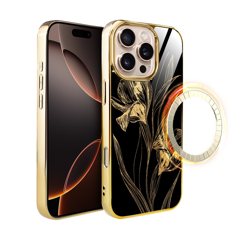 Etui do iPhone 16 Pro Max, Elite Glass z MagSafe, szklany tył, Golden Midnight, Królewskie irysy, złote (3)