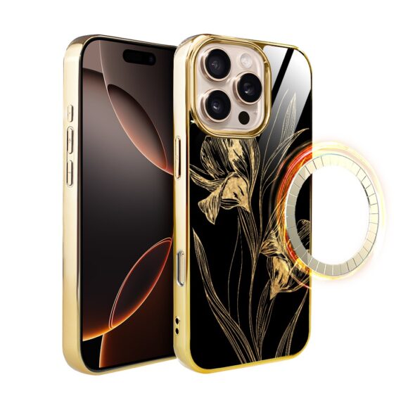 Etui do iPhone 16 Pro Max, Elite Glass z MagSafe, szklany tył, Golden Midnight, Królewskie irysy, złote (4)