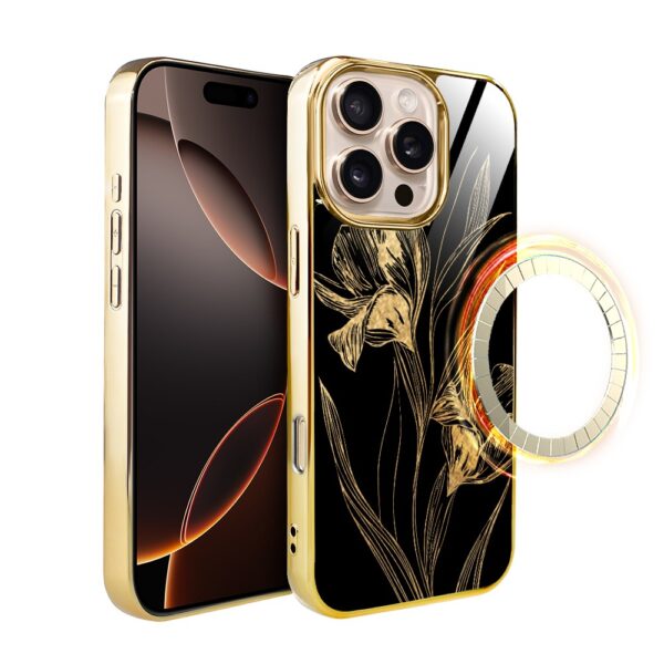 Etui do iPhone 16 Pro, Elite Glass z MagSafe, szklany tył, Golden Midnight, Królewskie irysy, złote