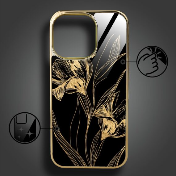 Etui do iPhone 16 Pro Max, Elite Glass z MagSafe, szklany tył, Golden Midnight, Królewskie irysy, złote (5)