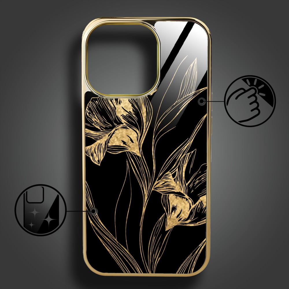 Etui do iPhone 16 Pro Max, Elite Glass z MagSafe, szklany tył, Golden Midnight, Królewskie irysy, złote (5)