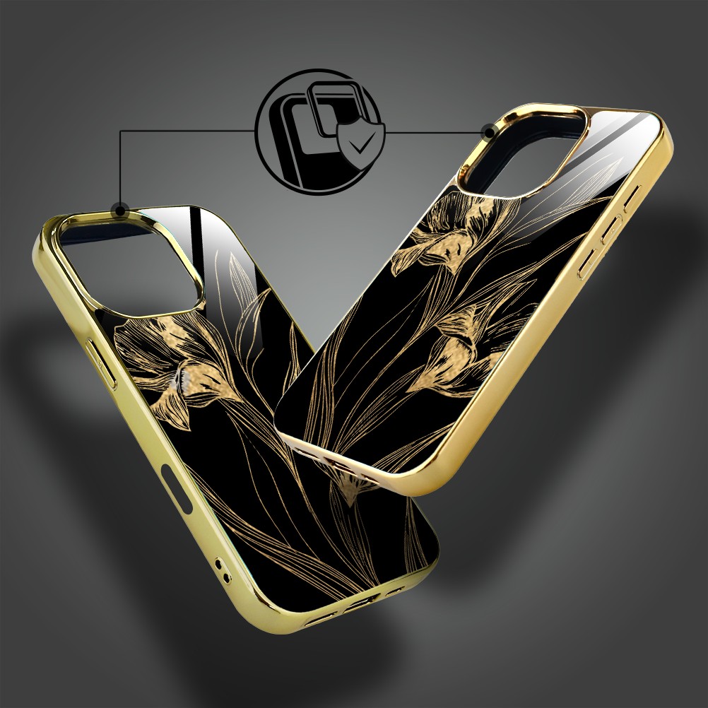 Etui do iPhone 16 Pro Max, Elite Glass z MagSafe, szklany tył, Golden Midnight, Królewskie irysy, złote (7)