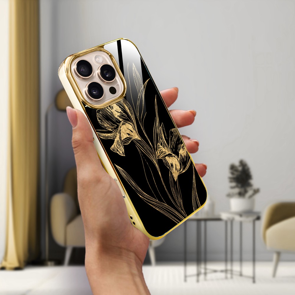 Etui do iPhone 16 Pro Max, Elite Glass z MagSafe, szklany tył, Golden Midnight, Królewskie irysy, złote (8)