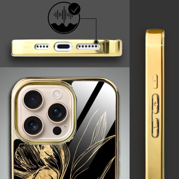 Etui do iPhone 16 Pro Max, Elite Glass z MagSafe, szklany tył, Golden Midnight, Królewskie irysy, złote (9)