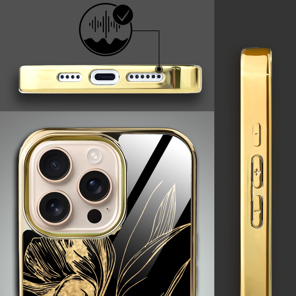 Etui do iPhone 16 Pro Max, Elite Glass z MagSafe, szklany tył, Golden Midnight, Królewskie irysy, złote (9)