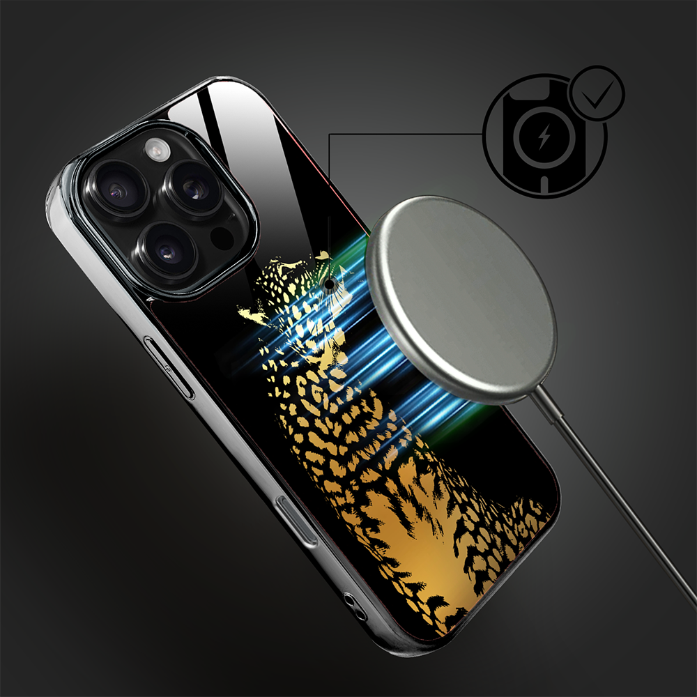 Etui do iPhone 16 Pro Max, Elite Glass z MagSafe, szklany tył, Golden Midnight, Lampart, czarne (2)