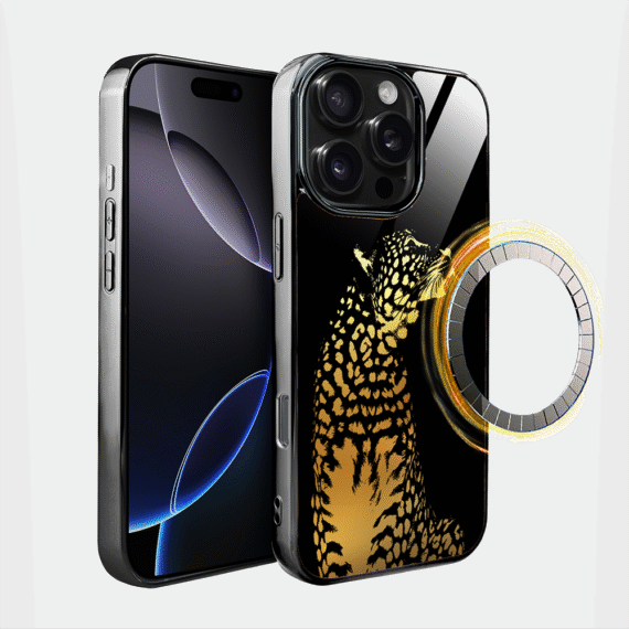 Etui do iPhone 16 Pro Max, Elite Glass z MagSafe, szklany tył, Golden Midnight, Lampart, czarne (3)