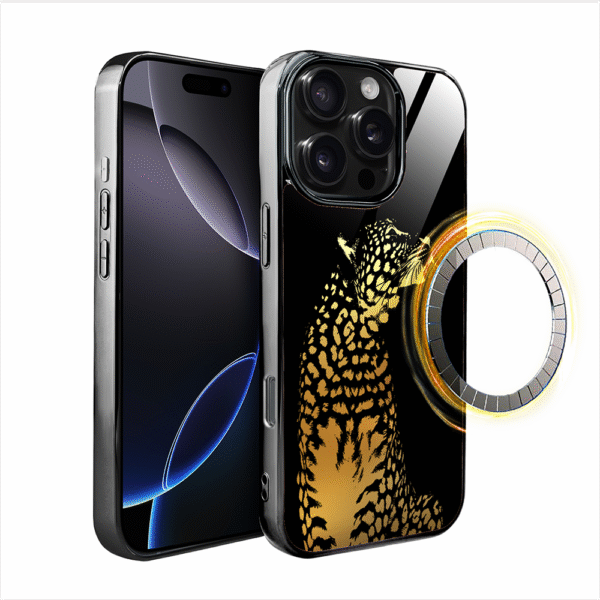 Etui do iPhone 16 Pro, Elite Glass z MagSafe, szklany tył, Golden Midnight, Lampart, czarne