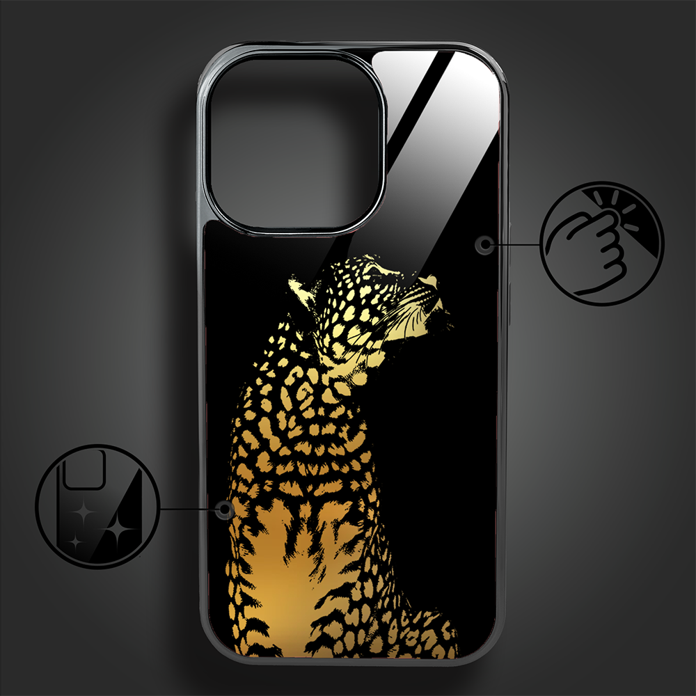 Etui do iPhone 16 Pro Max, Elite Glass z MagSafe, szklany tył, Golden Midnight, Lampart, czarne (4)
