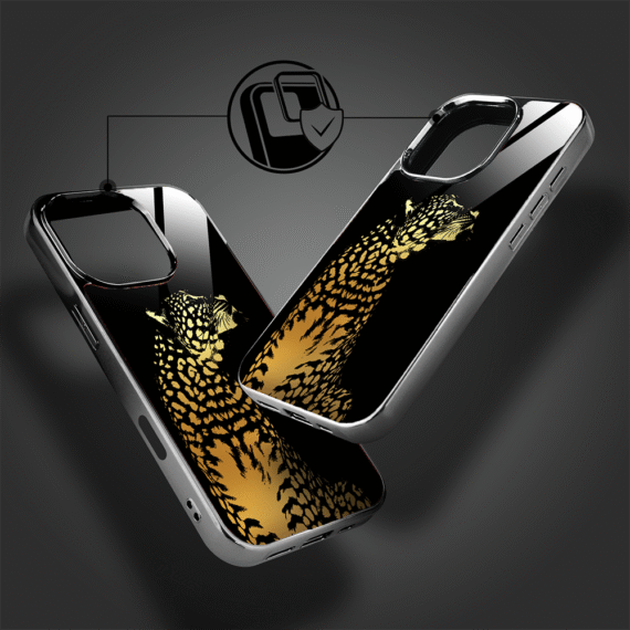 Etui do iPhone 16 Pro Max, Elite Glass z MagSafe, szklany tył, Golden Midnight, Lampart, czarne (6)