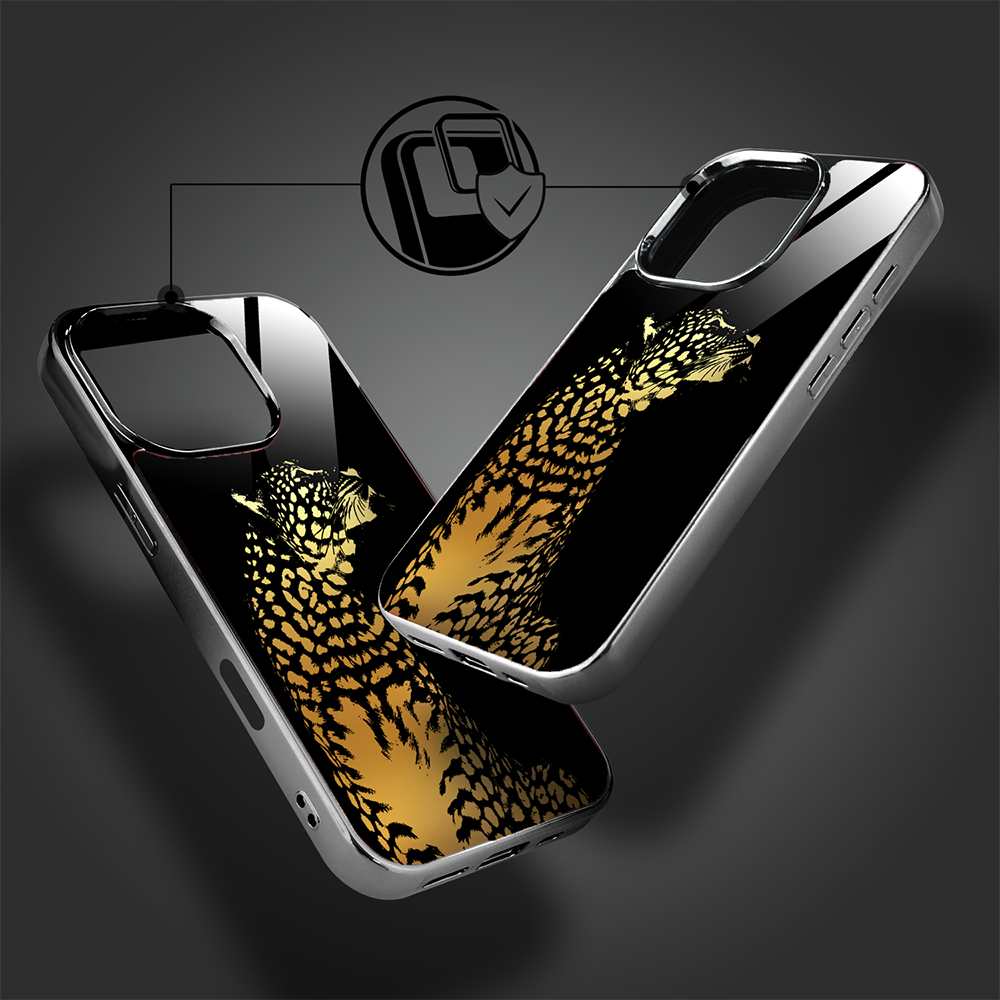Etui do iPhone 16 Pro Max, Elite Glass z MagSafe, szklany tył, Golden Midnight, Lampart, czarne (6)