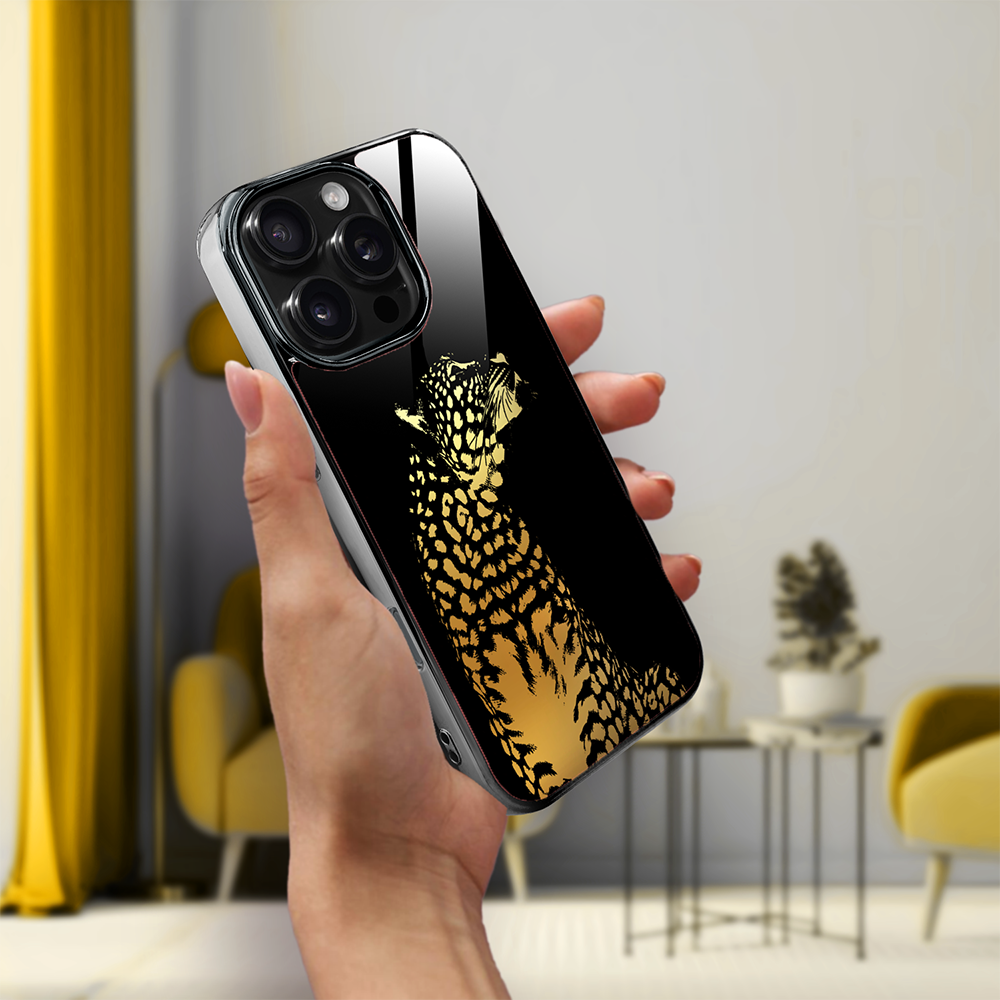 Etui do iPhone 16 Pro Max, Elite Glass z MagSafe, szklany tył, Golden Midnight, Lampart, czarne (7)