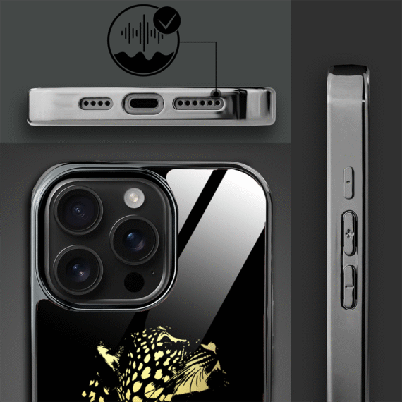 Etui do iPhone 16 Pro Max, Elite Glass z MagSafe, szklany tył, Golden Midnight, Lampart, czarne (8)