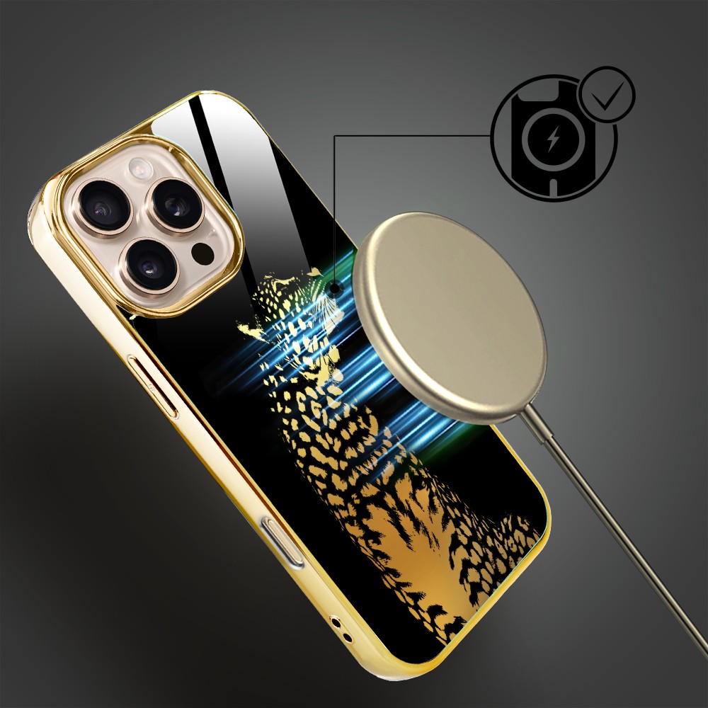 Etui do iPhone 16 Pro Max, Elite Glass z MagSafe, szklany tył, Golden Midnight, Lampart, złote (2)