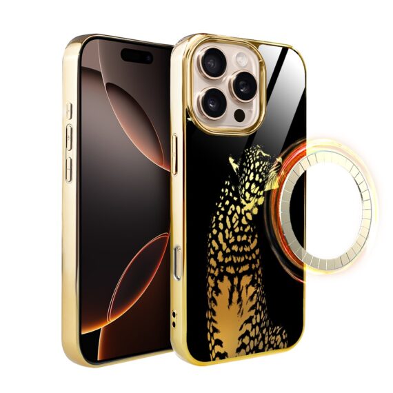 Etui do iPhone 16 Pro Max, Elite Glass z MagSafe, szklany tył, Golden Midnight, Lampart, złote (3)