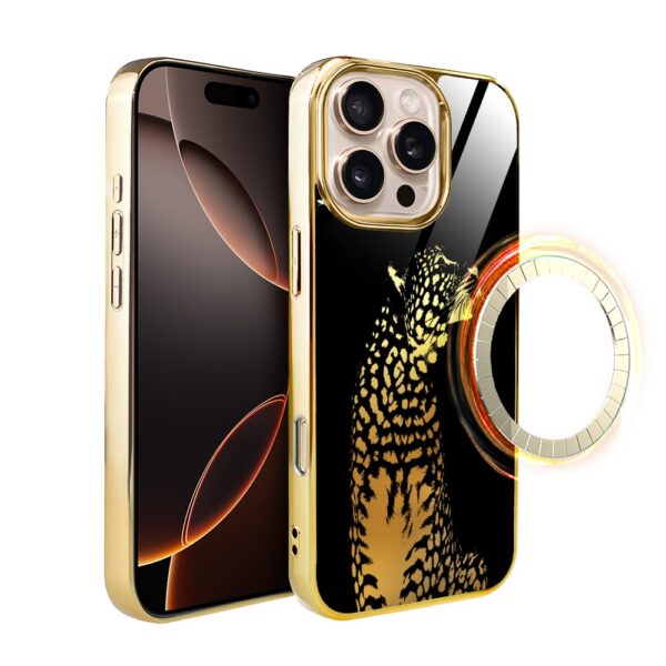 Etui do iPhone 16 Pro, Elite Glass z MagSafe, szklany tył, Golden Midnight, Lampart, złote
