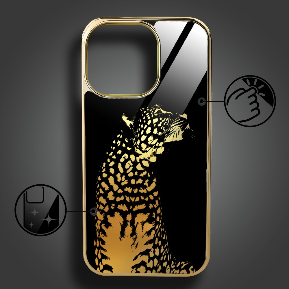 Etui do iPhone 16 Pro Max, Elite Glass z MagSafe, szklany tył, Golden Midnight, Lampart, złote (4)