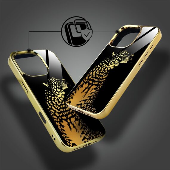 Etui do iPhone 16 Pro Max, Elite Glass z MagSafe, szklany tył, Golden Midnight, Lampart, złote (6)