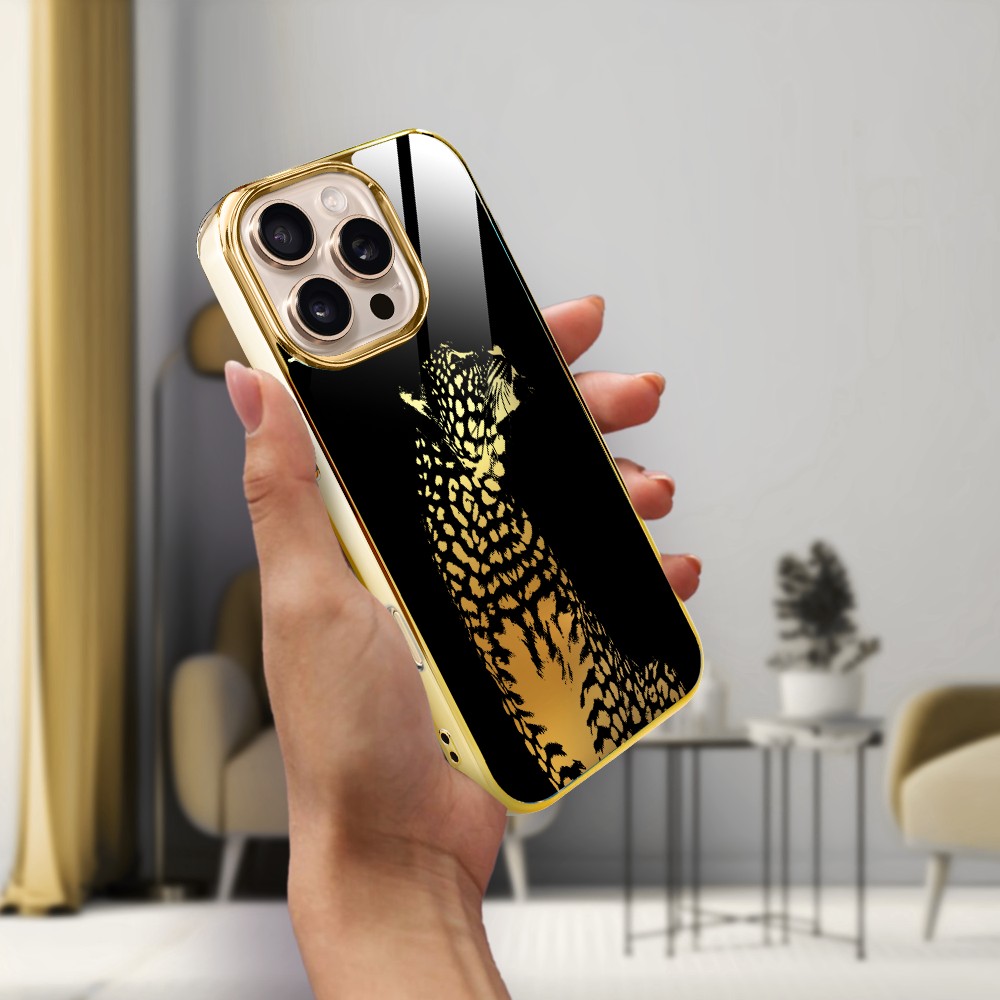 Etui do iPhone 16 Pro Max, Elite Glass z MagSafe, szklany tył, Golden Midnight, Lampart, złote (7)