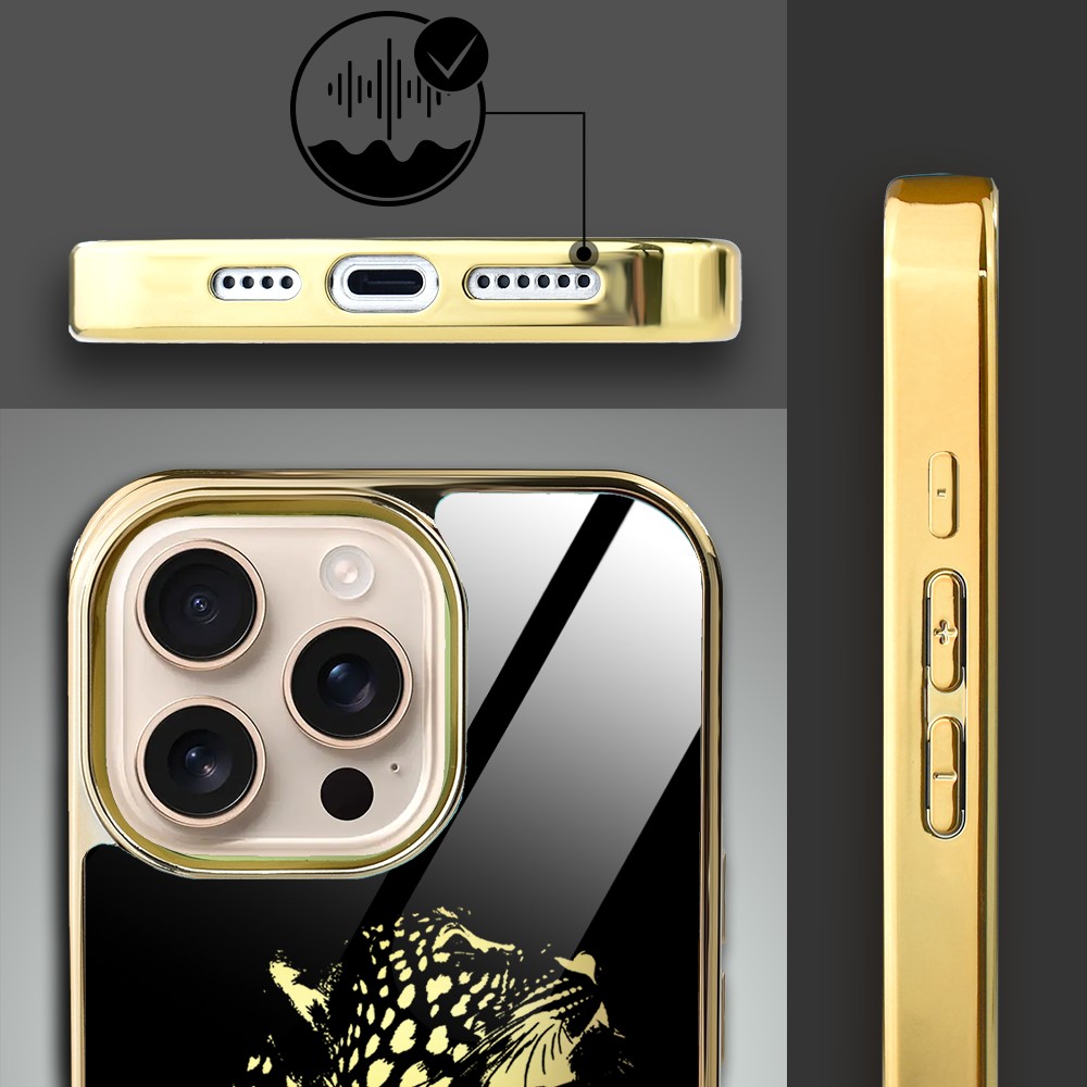 Etui do iPhone 16 Pro Max, Elite Glass z MagSafe, szklany tył, Golden Midnight, Lampart, złote (8)