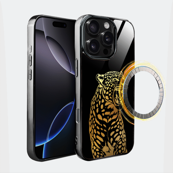 Etui do iPhone 16 Pro Max, Elite Glass z MagSafe, szklany tył, Golden Midnight, Ryczący Jaguar, czarne (3)
