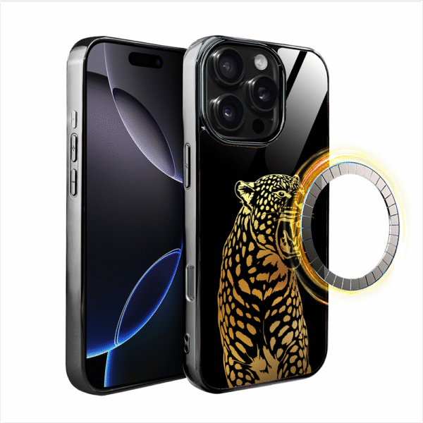 Etui do iPhone 16 Pro, Elite Glass z MagSafe, szklany tył, Golden Midnight, Ryczący Jaguar, czarne
