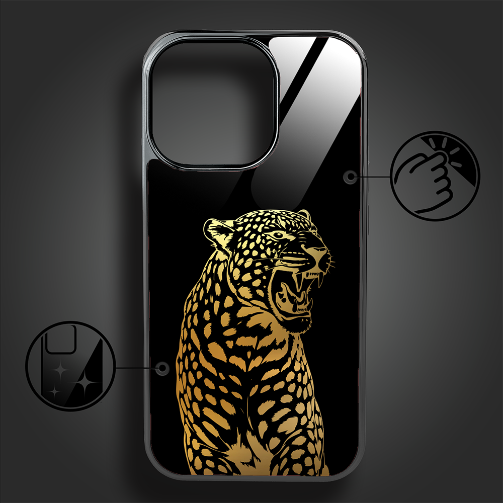 Etui do iPhone 16 Pro Max, Elite Glass z MagSafe, szklany tył, Golden Midnight, Ryczący Jaguar, czarne (4)