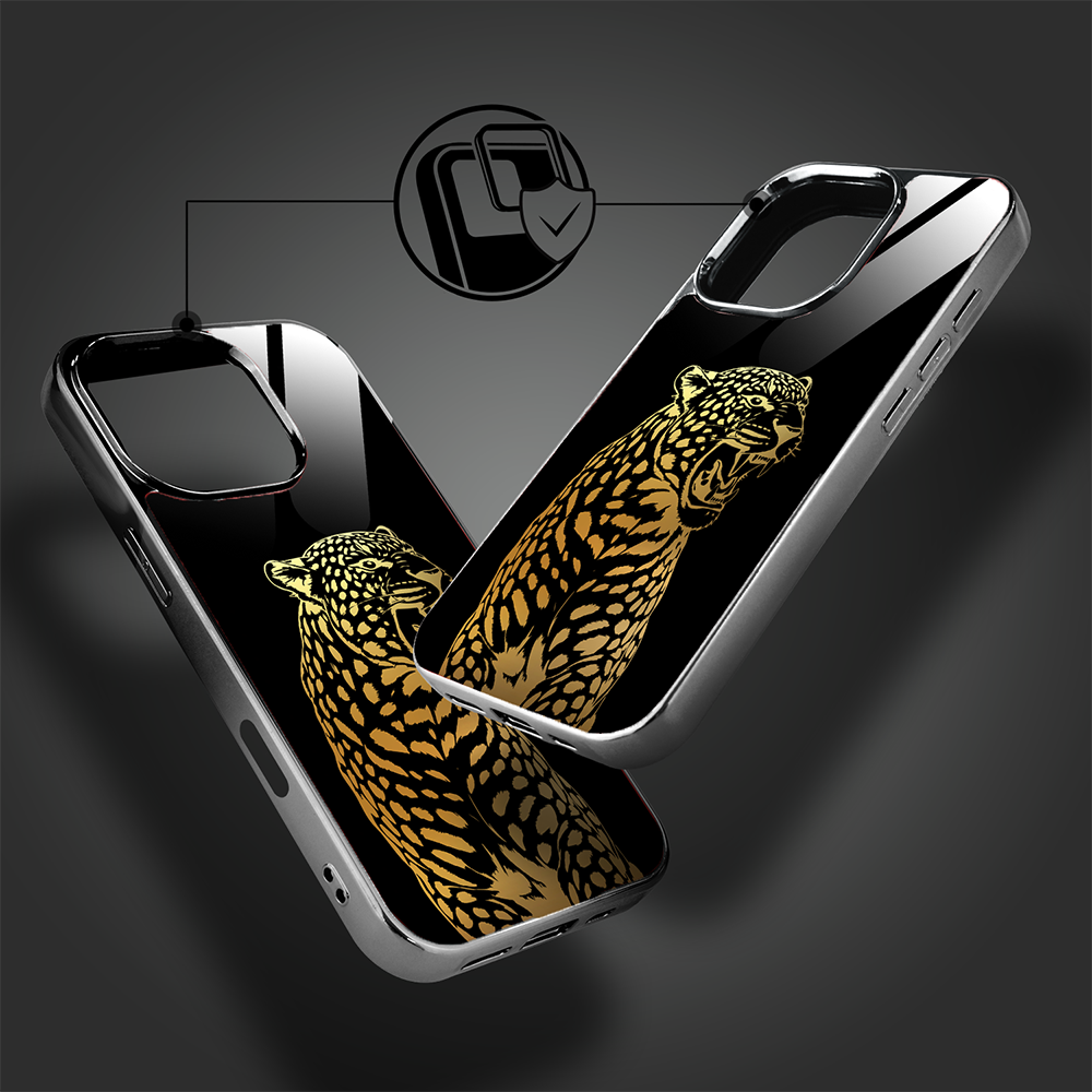 Etui do iPhone 16 Pro Max, Elite Glass z MagSafe, szklany tył, Golden Midnight, Ryczący Jaguar, czarne (6)